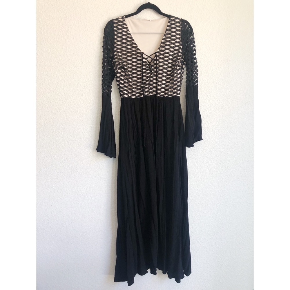 Nanamacs medium black and nude bell sleeve maxi dress with cross stitch chest